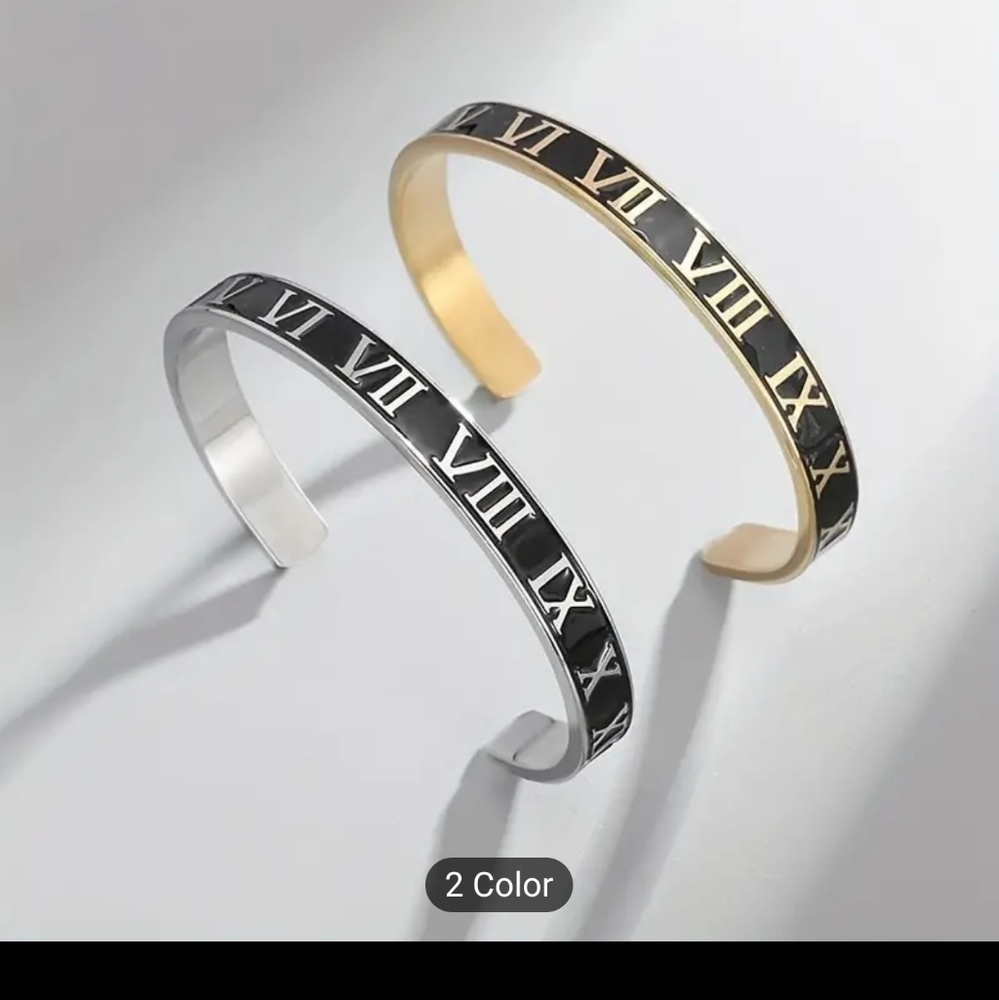 🖤💛NEW🖤💛 PRETTY!! BLACK and GOLD SS Roman Numeral Cuff Bangle Bracelet